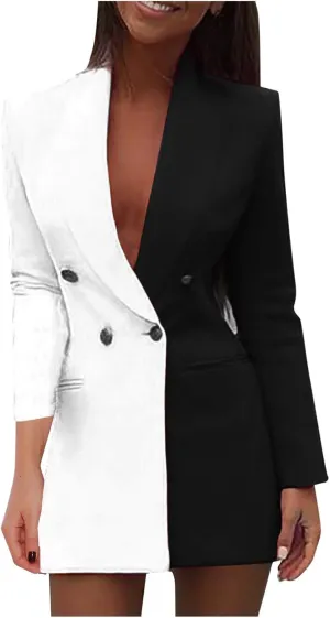 Colorblock Casual Long Suits Jackets Turn Down Collar Double Breasted OL Work Bodycon Blazer Dress