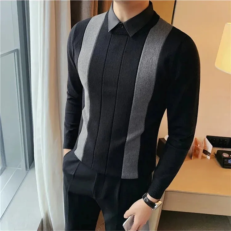 Contrast Spliced Fake 2 Pieces Sweater