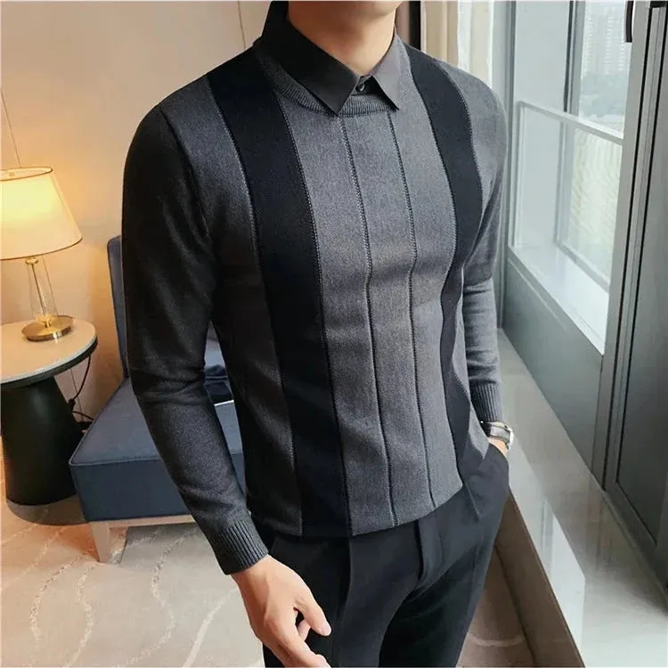 Contrast Spliced Fake 2 Pieces Sweater
