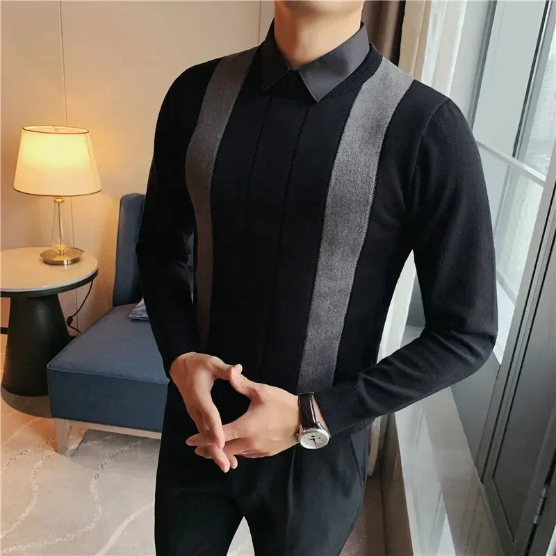 Contrast Spliced Fake 2 Pieces Sweater