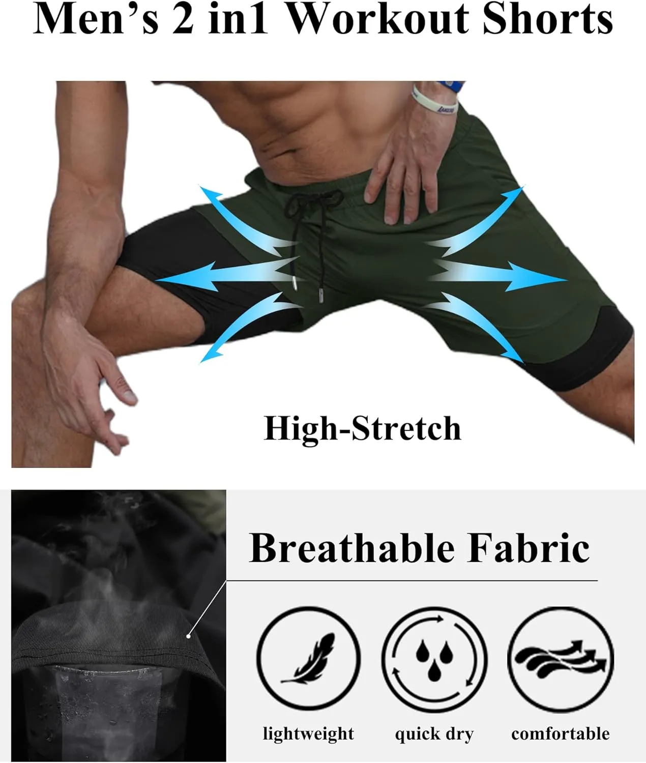 COOFANDY Men's 2 Pack Running Shorts 2 in 1 Workout Shorts Quick Dry Gym Training Athletic Jogger with Phone Pockets