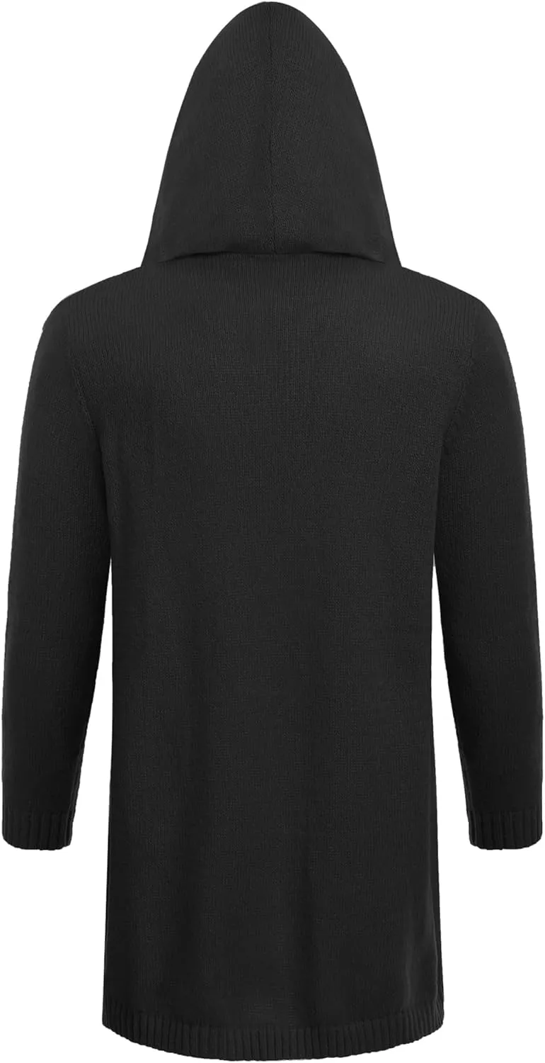 COOFANDY Mens Long Open Front Cardigan Sweater Lightweight Hooded Knitted Cardigan Sweaters with Pockets