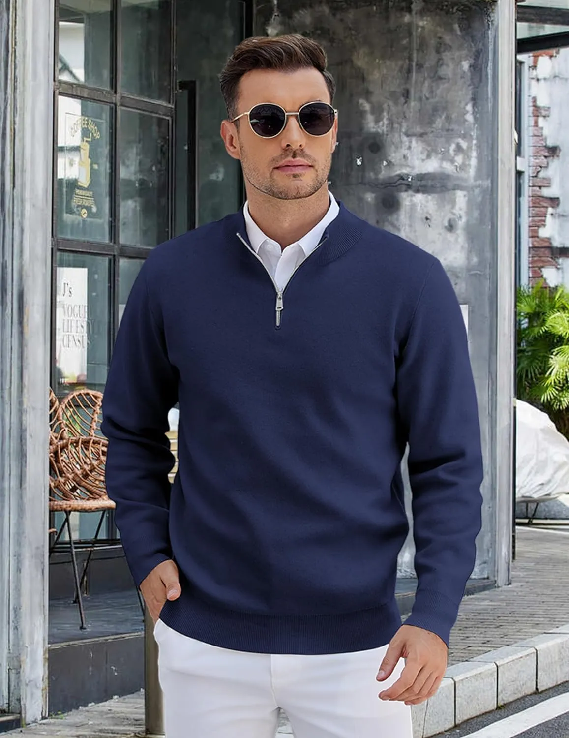 COOFANDY Mens Quarter Zip Pullover Slim Fit Lightweight Knit Pullover Sweaters Casual Polo Sweater