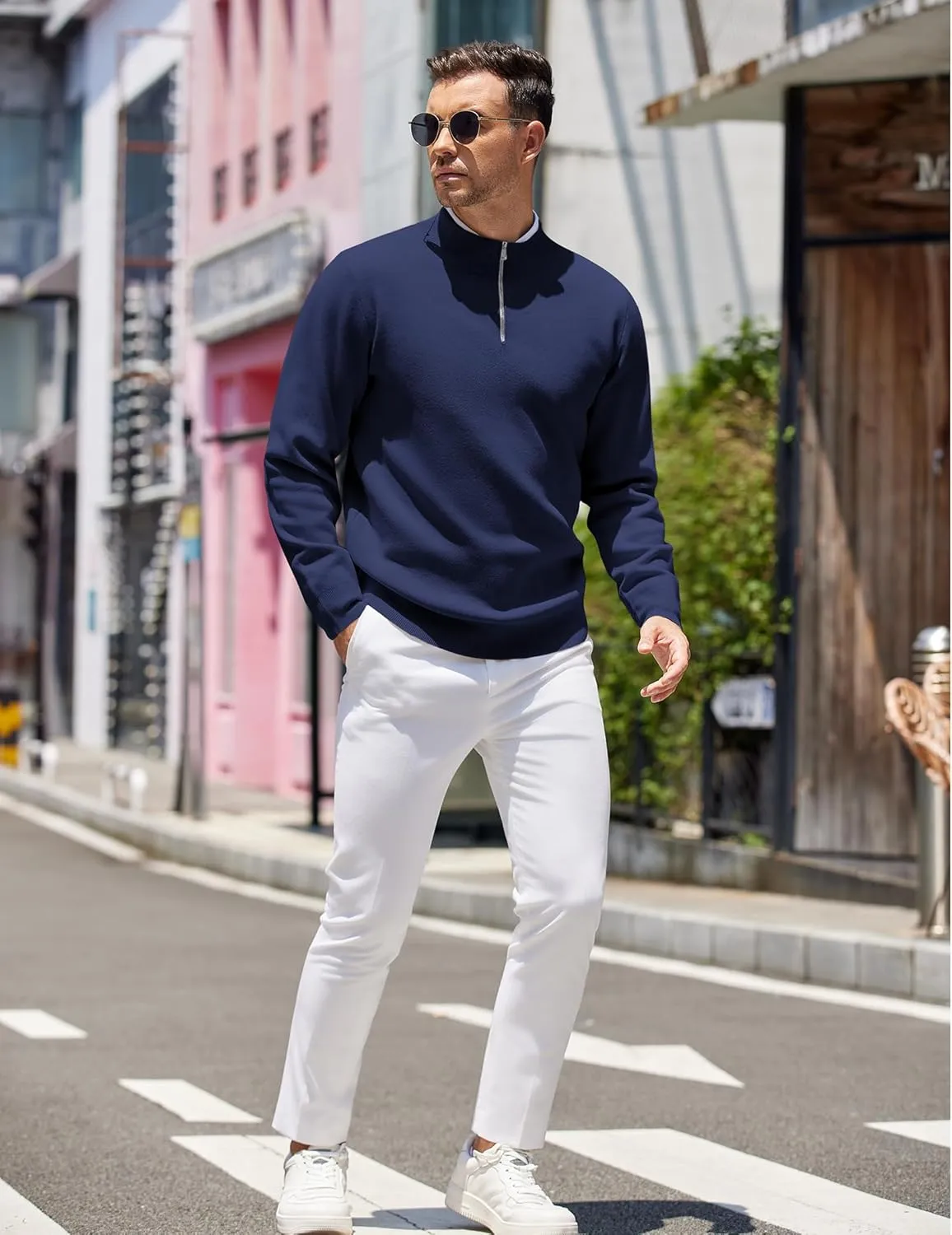 COOFANDY Mens Quarter Zip Pullover Slim Fit Lightweight Knit Pullover Sweaters Casual Polo Sweater