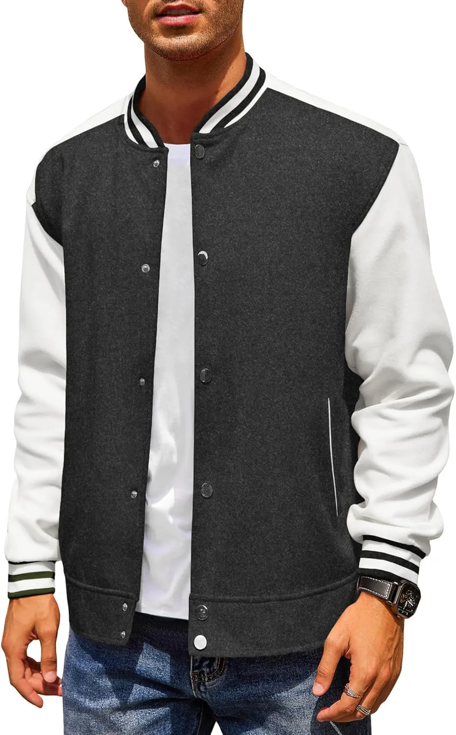 COOFANDY Men's Varsity Jacket Wool Blend Letterman Bomber Jacket Baseball Lightweight Jacket