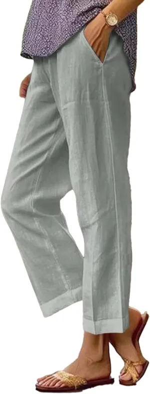 Costaric Cotton Linen Floral Cropped Pants for Women Summer Elastic Waist Straight Wide Leg Boho Beach Trouser with Pockets