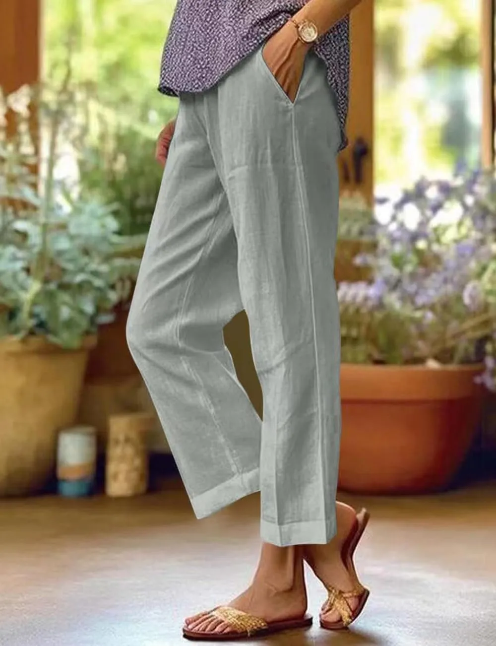 Costaric Cotton Linen Floral Cropped Pants for Women Summer Elastic Waist Straight Wide Leg Boho Beach Trouser with Pockets