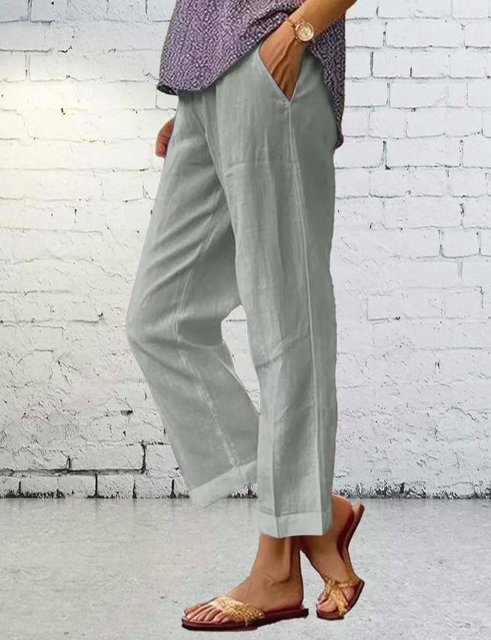 Costaric Cotton Linen Floral Cropped Pants for Women Summer Elastic Waist Straight Wide Leg Boho Beach Trouser with Pockets