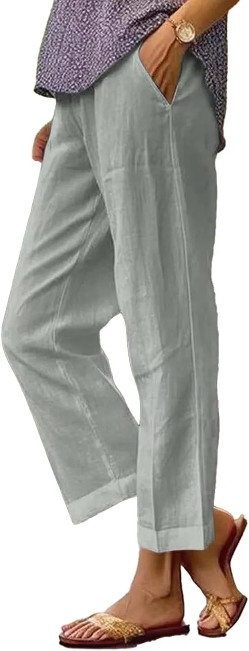Costaric Cotton Linen Floral Cropped Pants for Women Summer Elastic Waist Straight Wide Leg Boho Beach Trouser with Pockets