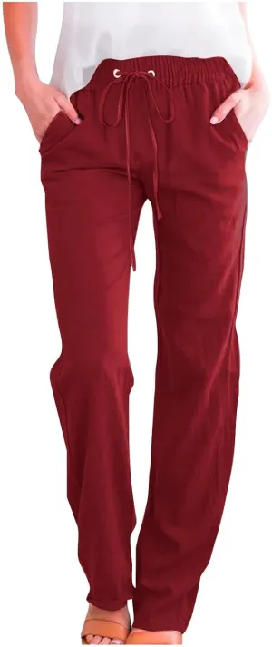 Cotton Linen Pants for Women Casual Straight Leg Pants with Pockets Summer Elastic Waist Trousers Vacation Clothes
