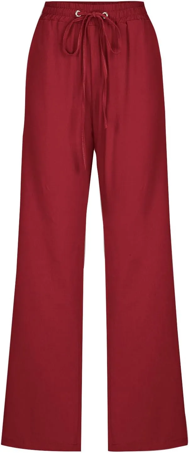 Cotton Linen Pants for Women Casual Straight Leg Pants with Pockets Summer Elastic Waist Trousers Vacation Clothes