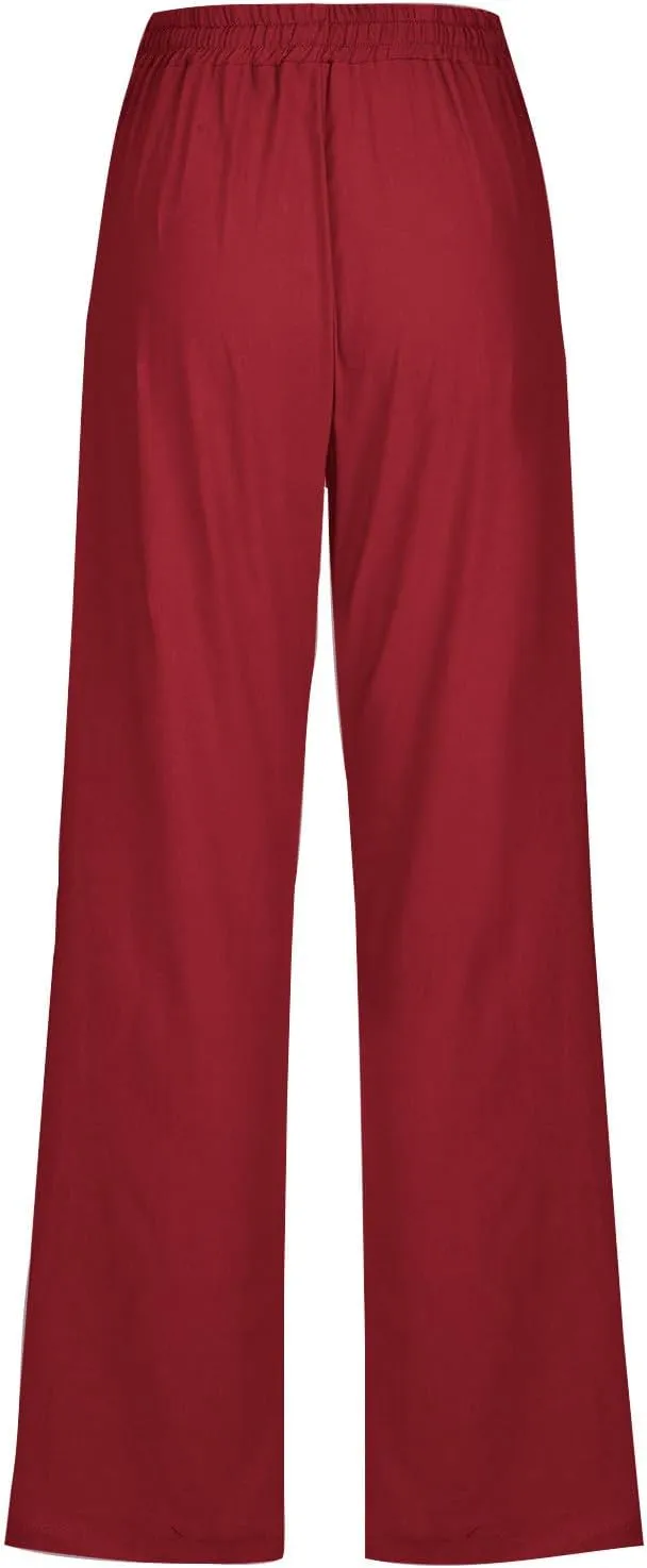 Cotton Linen Pants for Women Casual Straight Leg Pants with Pockets Summer Elastic Waist Trousers Vacation Clothes