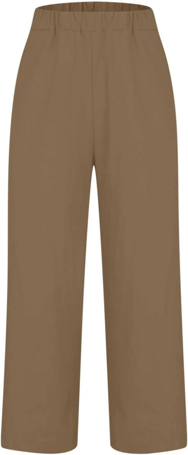 Cotton Linen Pants for Women Summer Lightweight Casual Cropped Pants Loose Fit Comfy Beach Trousers with Pockets