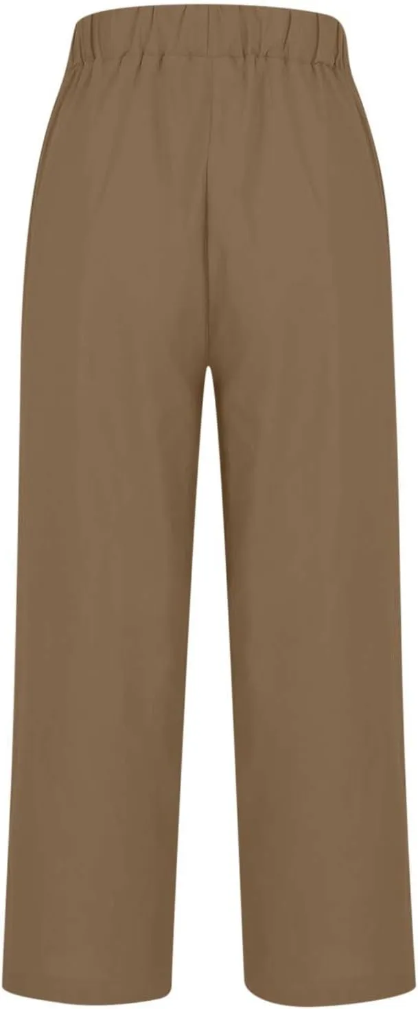 Cotton Linen Pants for Women Summer Lightweight Casual Cropped Pants Loose Fit Comfy Beach Trousers with Pockets