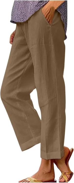 Cotton Linen Pants for Women Summer Lightweight Casual Cropped Pants Loose Fit Comfy Beach Trousers with Pockets