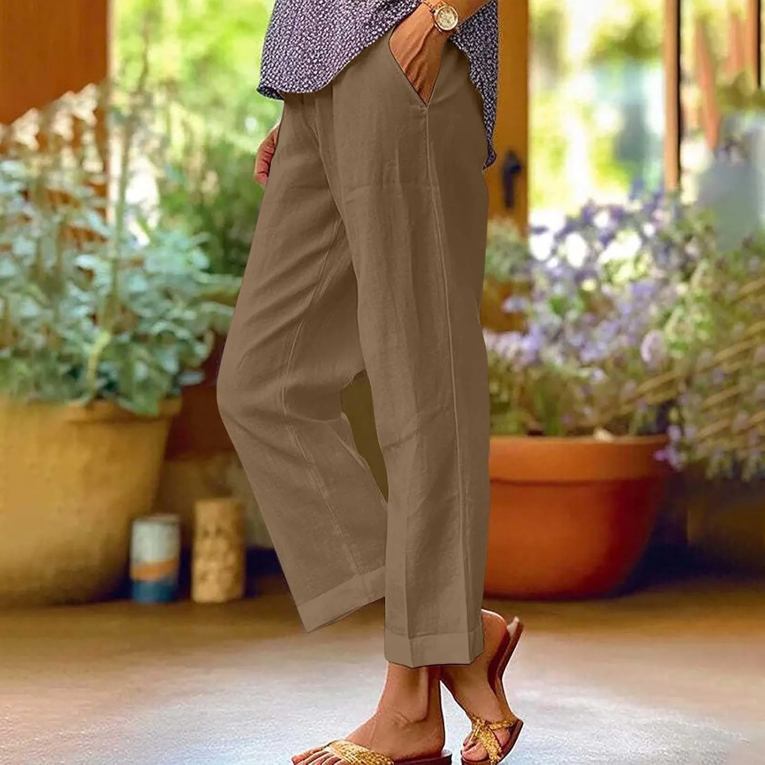 Cotton Linen Pants for Women Summer Lightweight Casual Cropped Pants Loose Fit Comfy Beach Trousers with Pockets