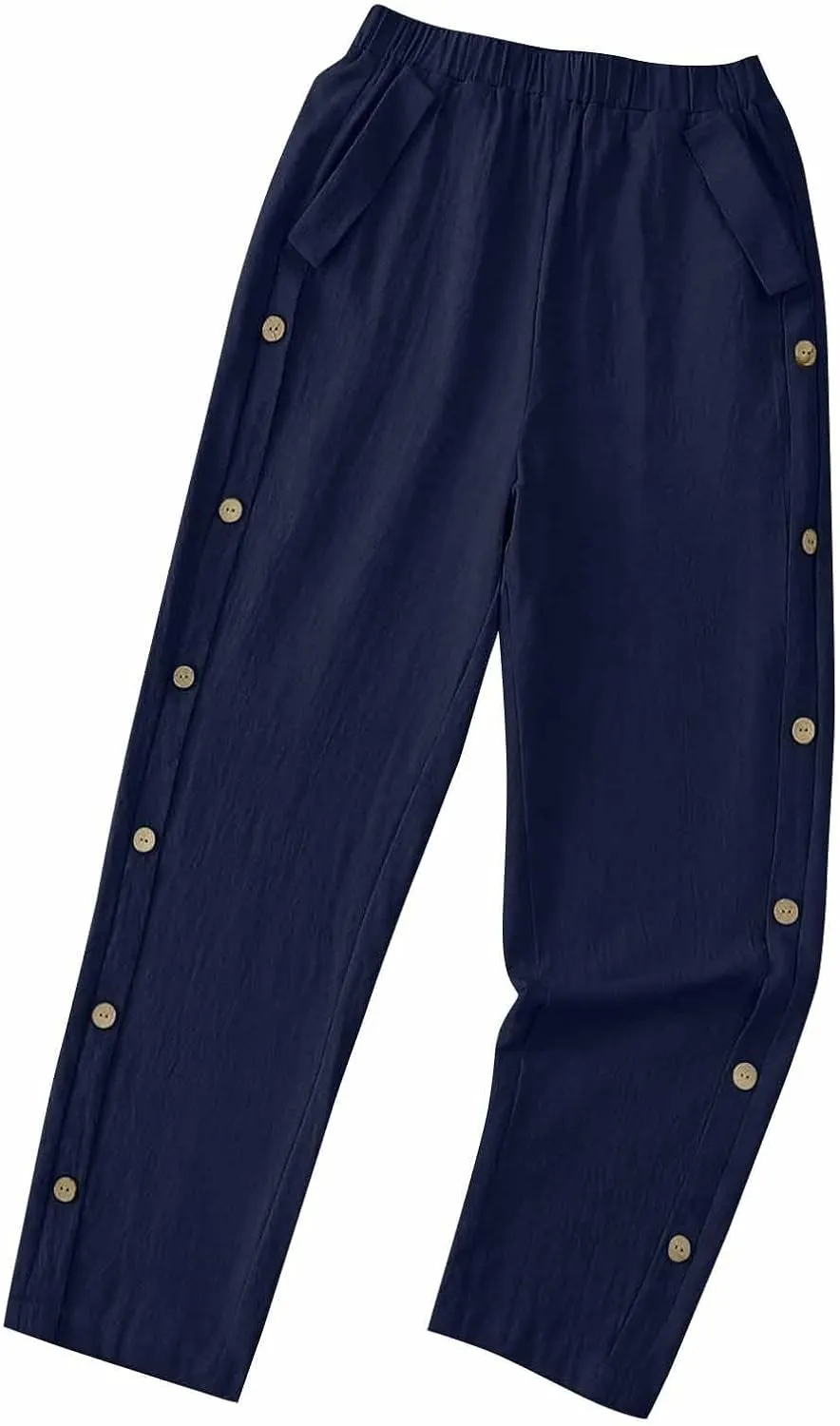 Cotton Linen Pants for Women Wide Straight Leg Side Button Pant Teen Girls 2025 Baggy Elastic Waist Comfy Crop Trouser