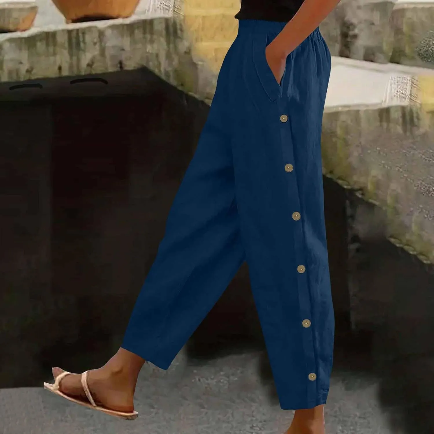 Cotton Linen Pants for Women Wide Straight Leg Side Button Pant Teen Girls 2025 Baggy Elastic Waist Comfy Crop Trouser