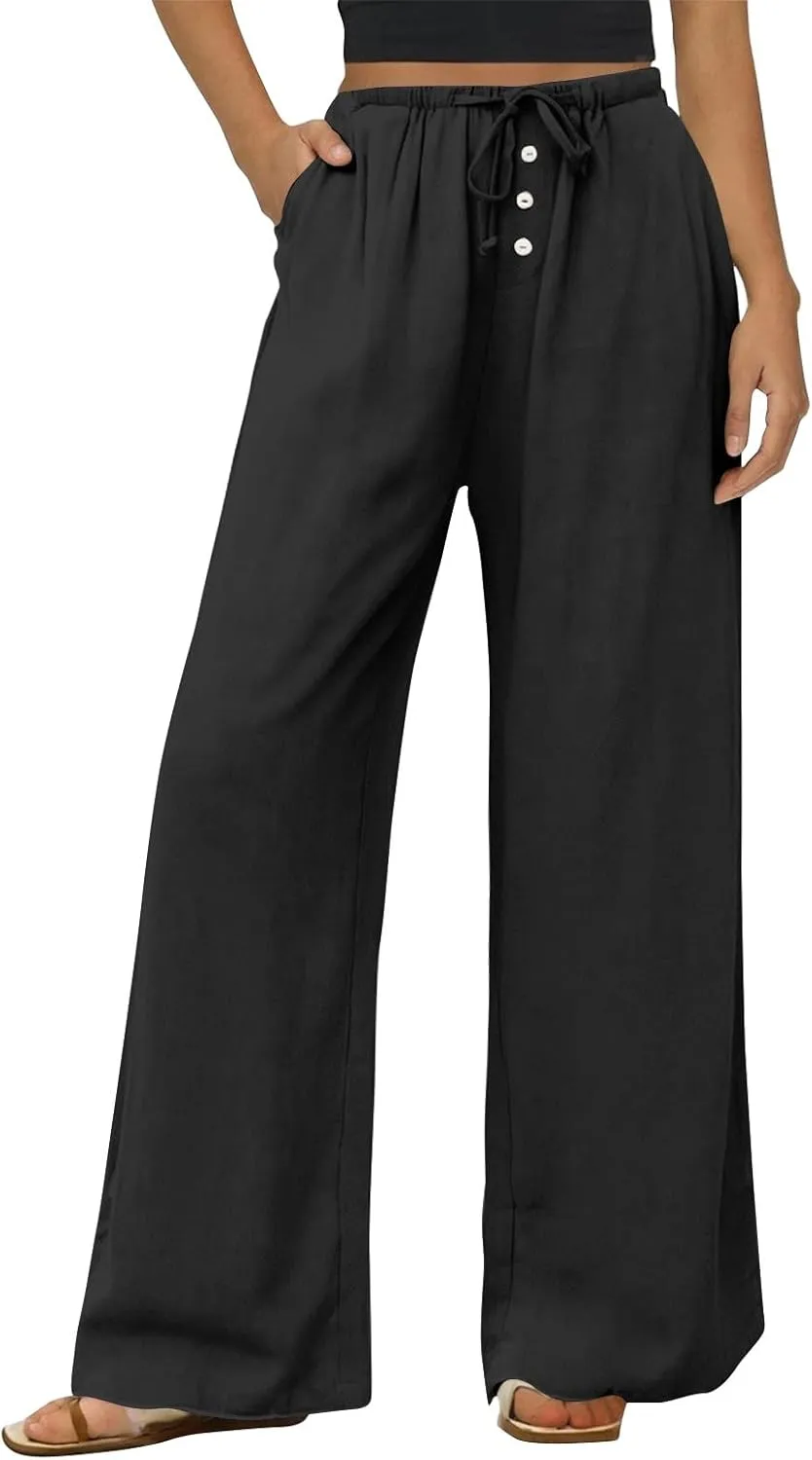 Cotton Linen Pants Women Summer Casual Loose Beach Pants Drawstring Flowy Wide Leg Palazzo Trousers with Pockets
