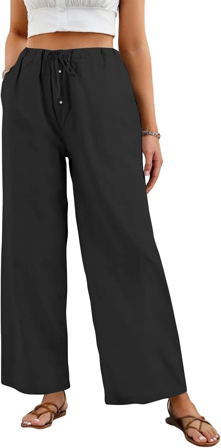 Cotton Linen Pants Women Summer Casual Loose Beach Pants Drawstring Flowy Wide Leg Palazzo Trousers with Pockets