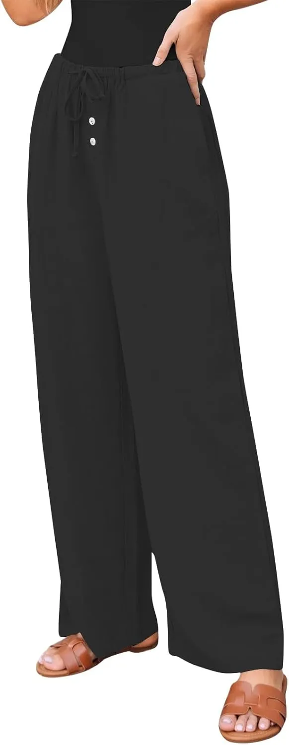 Cotton Linen Pants Women Summer Casual Loose Beach Pants Drawstring Flowy Wide Leg Palazzo Trousers with Pockets