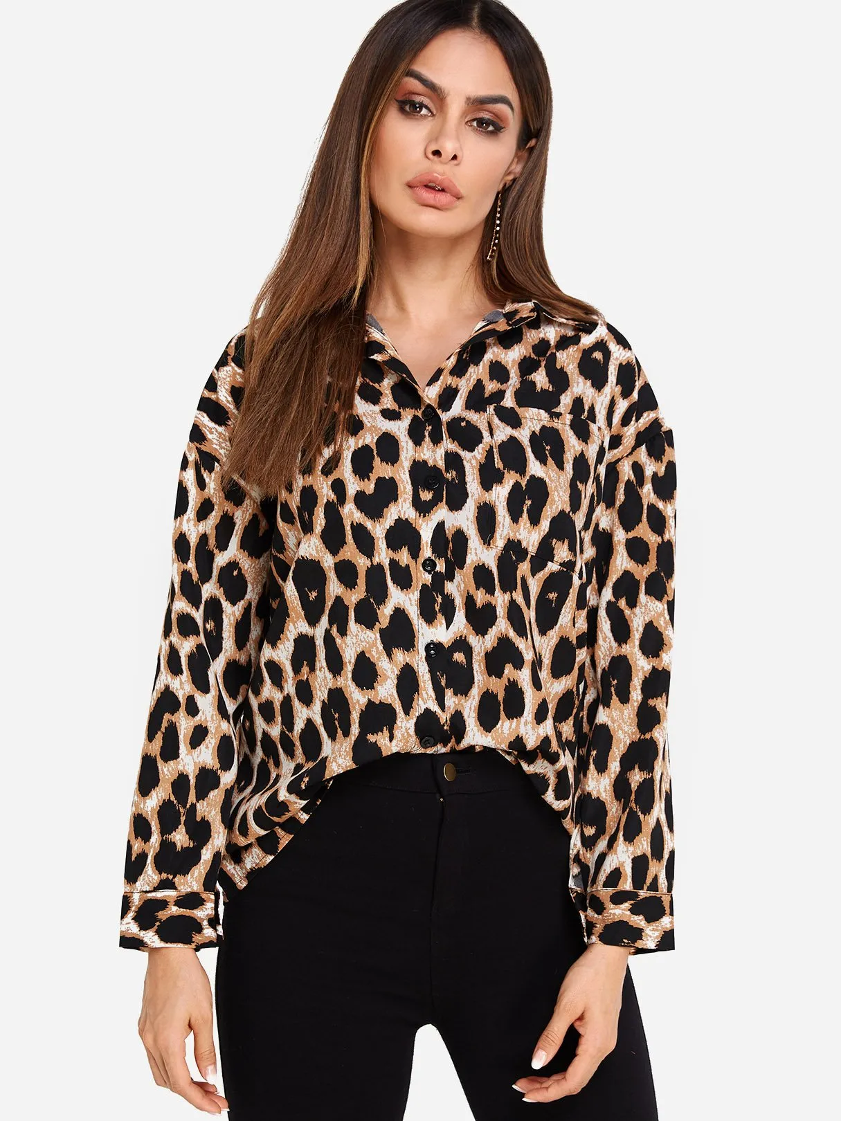 Custom Classic Collar Leopard Side Pockets Long Sleeve Blouses