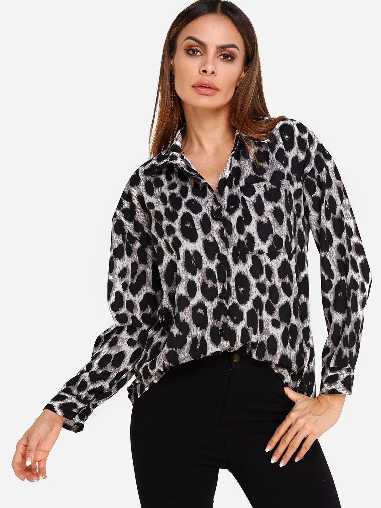 Custom Classic Collar Leopard Side Pockets Long Sleeve Blouses