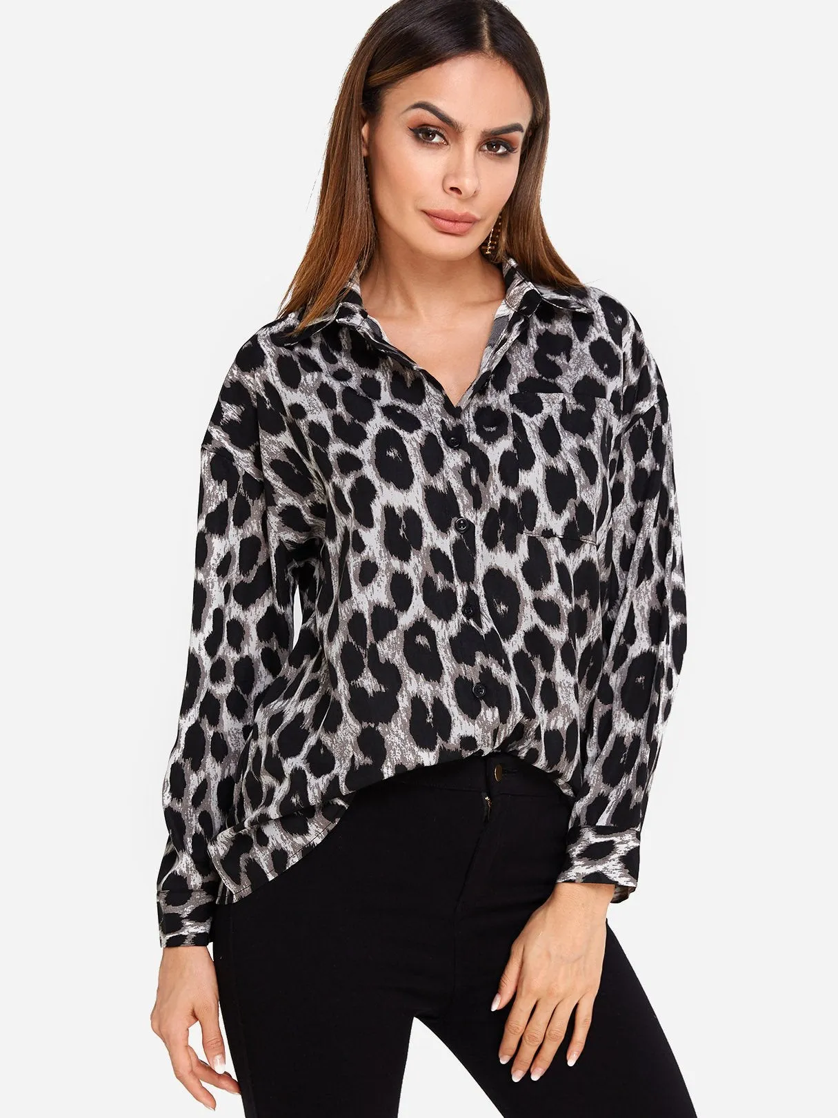 Custom Classic Collar Leopard Side Pockets Long Sleeve Blouses