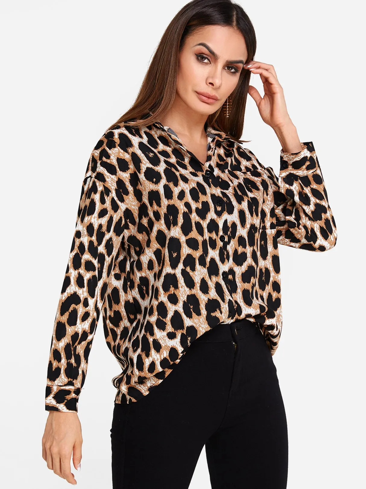 Custom Classic Collar Leopard Side Pockets Long Sleeve Blouses