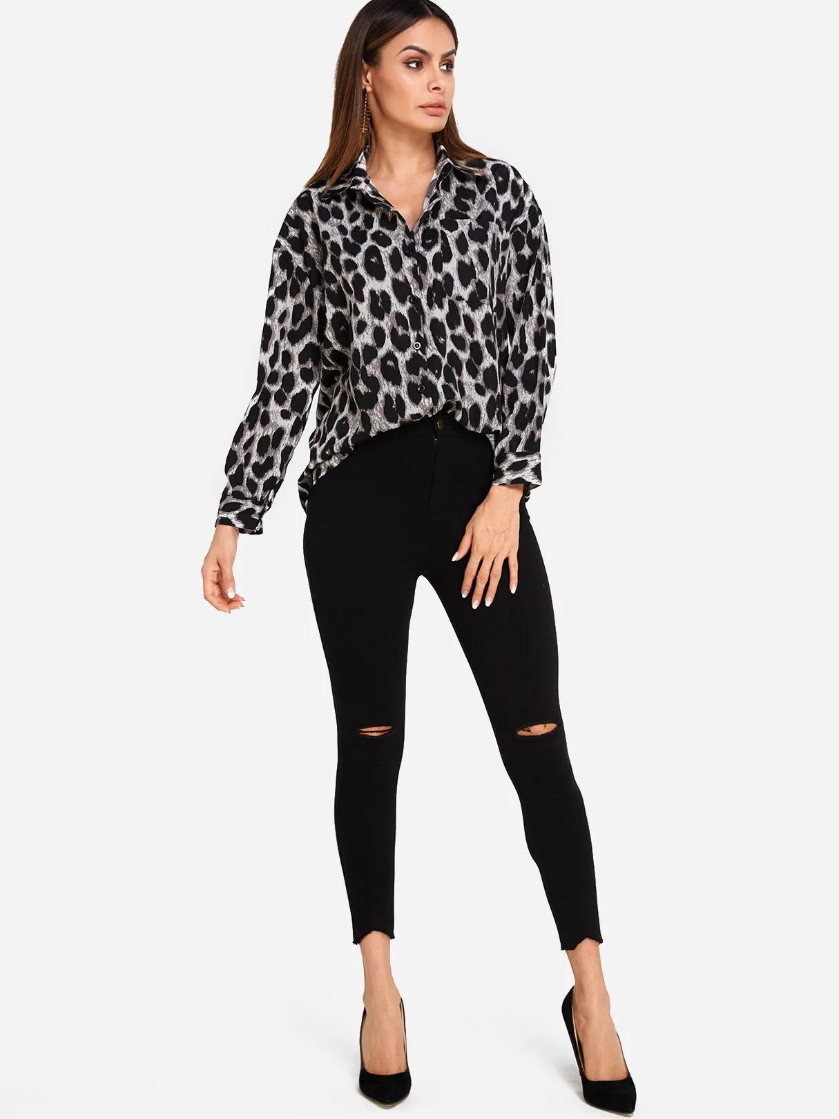 Custom Classic Collar Leopard Side Pockets Long Sleeve Blouses