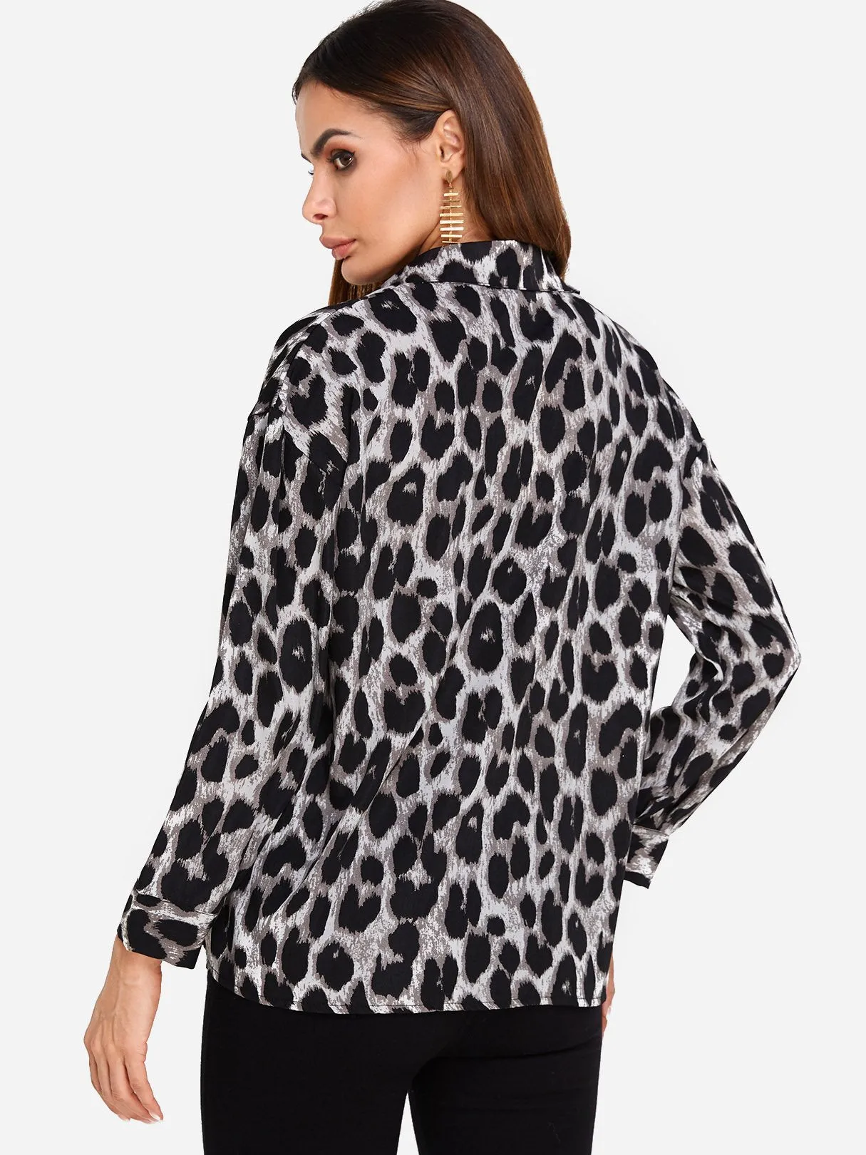 Custom Classic Collar Leopard Side Pockets Long Sleeve Blouses