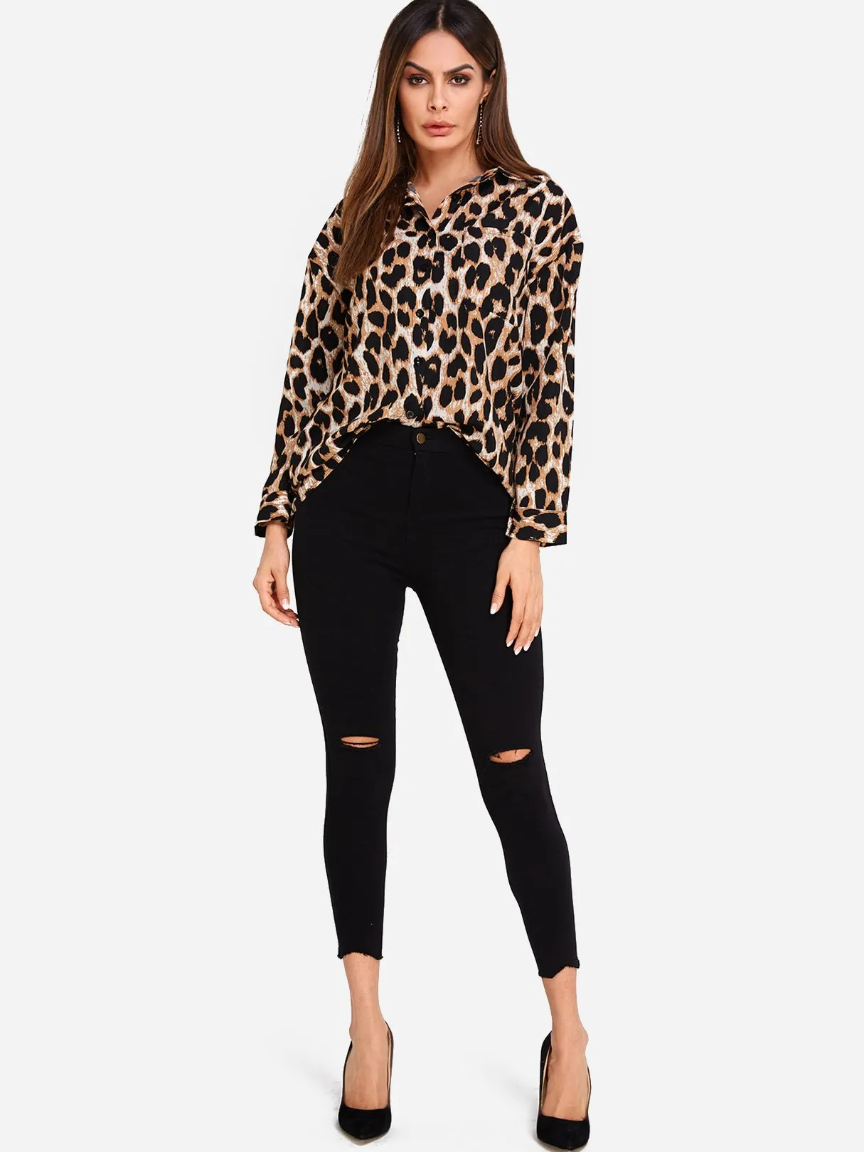 Custom Classic Collar Leopard Side Pockets Long Sleeve Blouses
