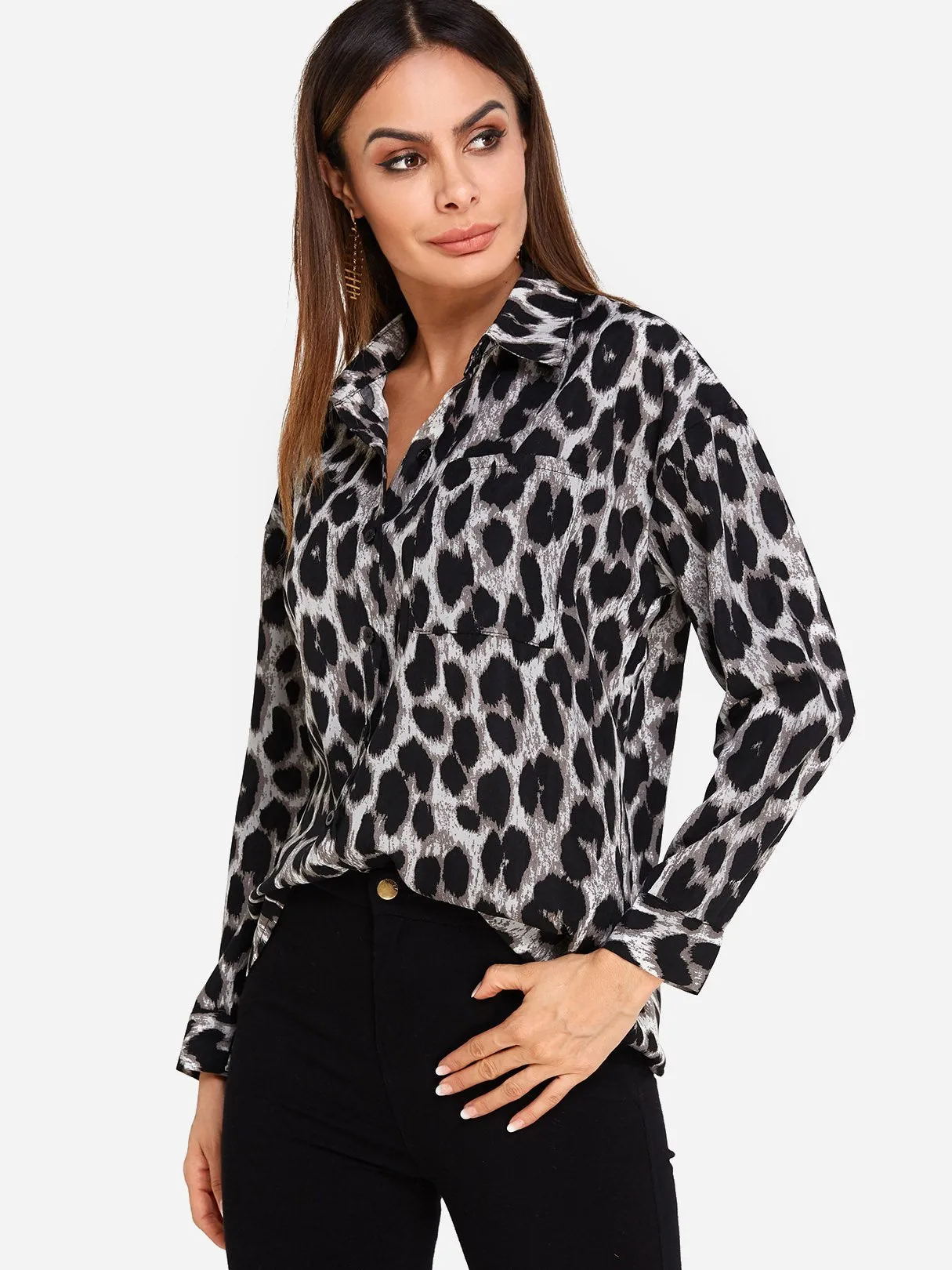 Custom Classic Collar Leopard Side Pockets Long Sleeve Blouses