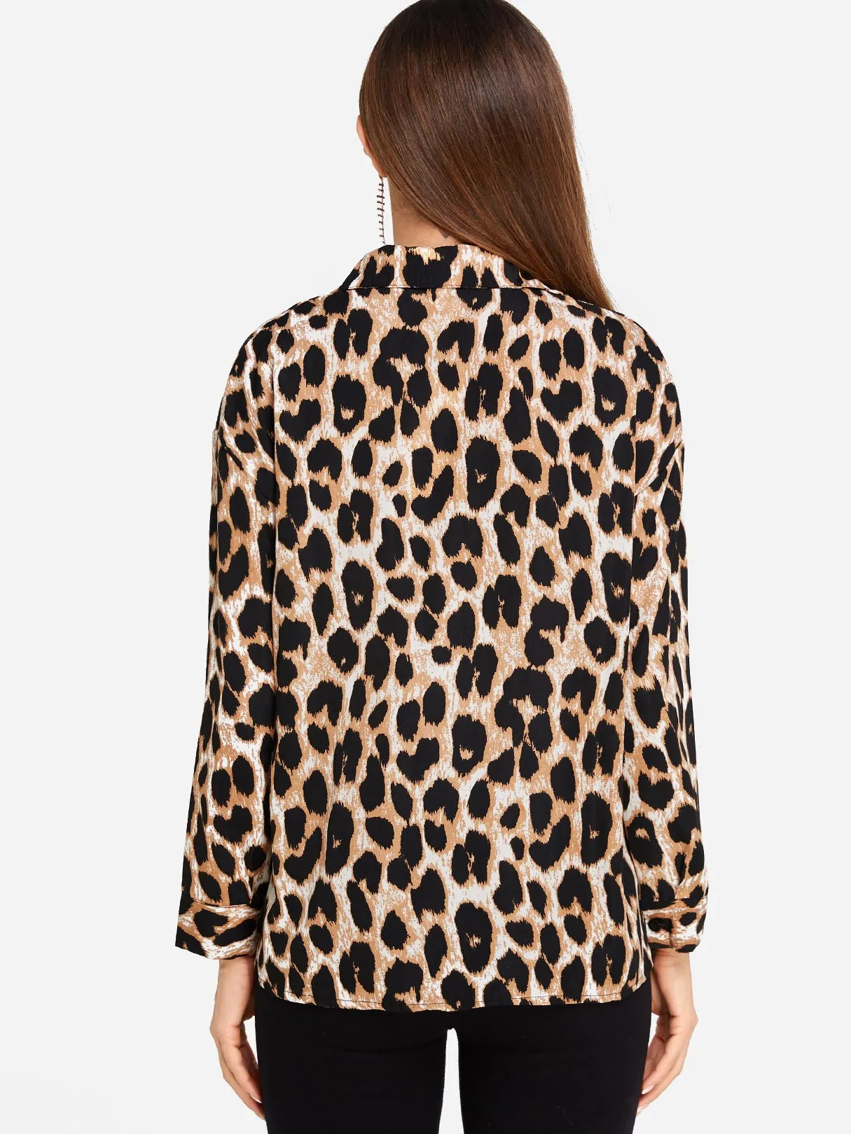 Custom Classic Collar Leopard Side Pockets Long Sleeve Blouses