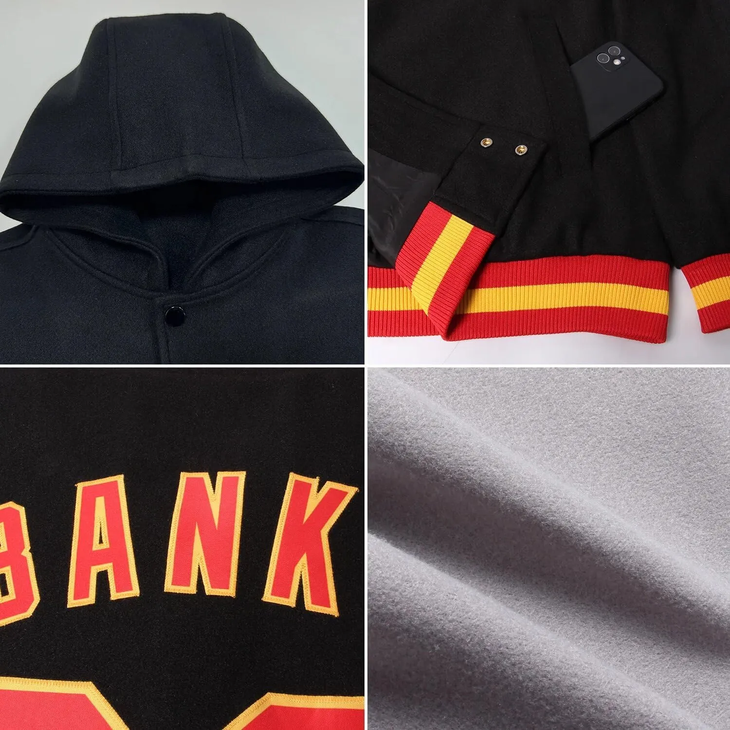 Custom Hooded Varsity Jacket Baseball Jacket Letterman Cotton Blend and Leather Sleeves Two Tone Bomber Jacket S-5XL