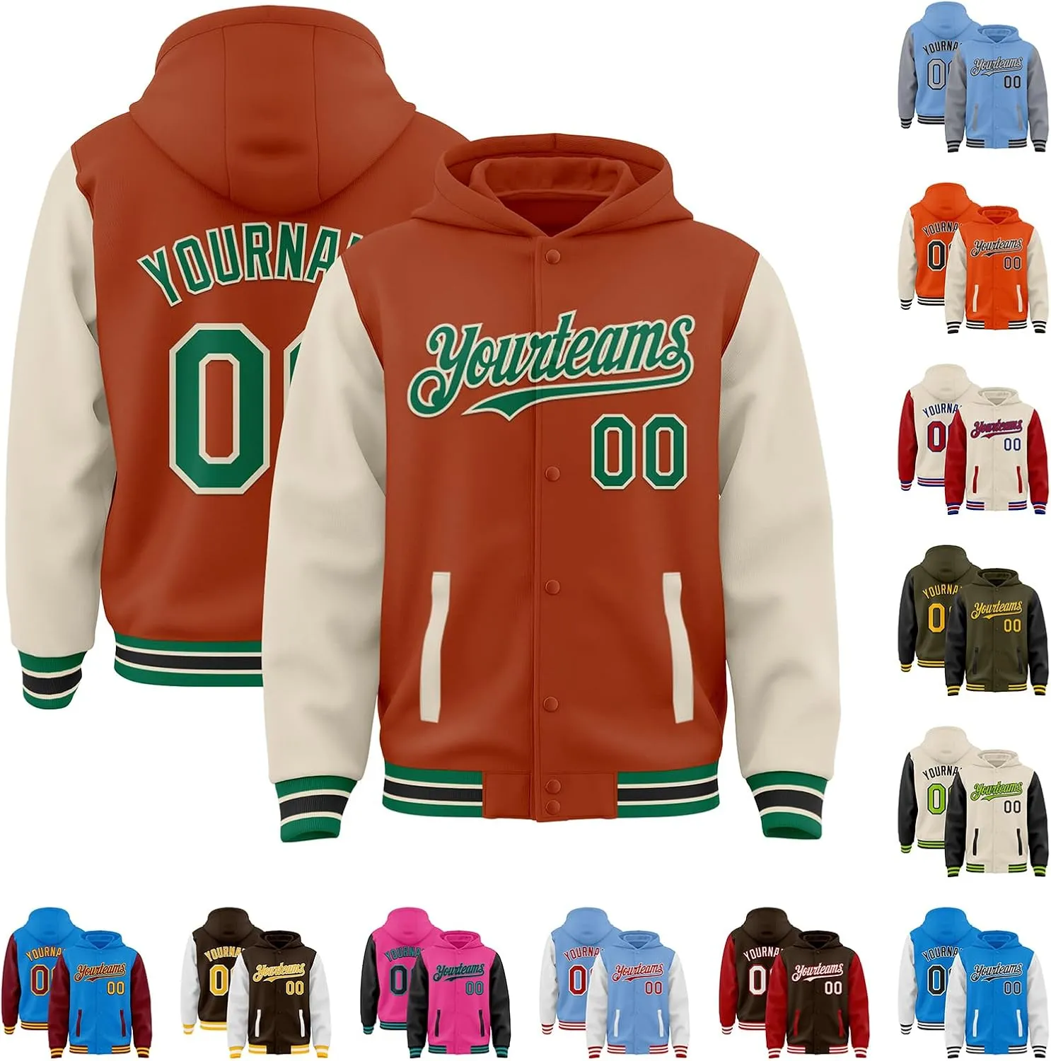 Custom Hooded Varsity Jacket Baseball Jacket Letterman Cotton Blend and Leather Sleeves Two Tone Bomber Jacket S-5XL
