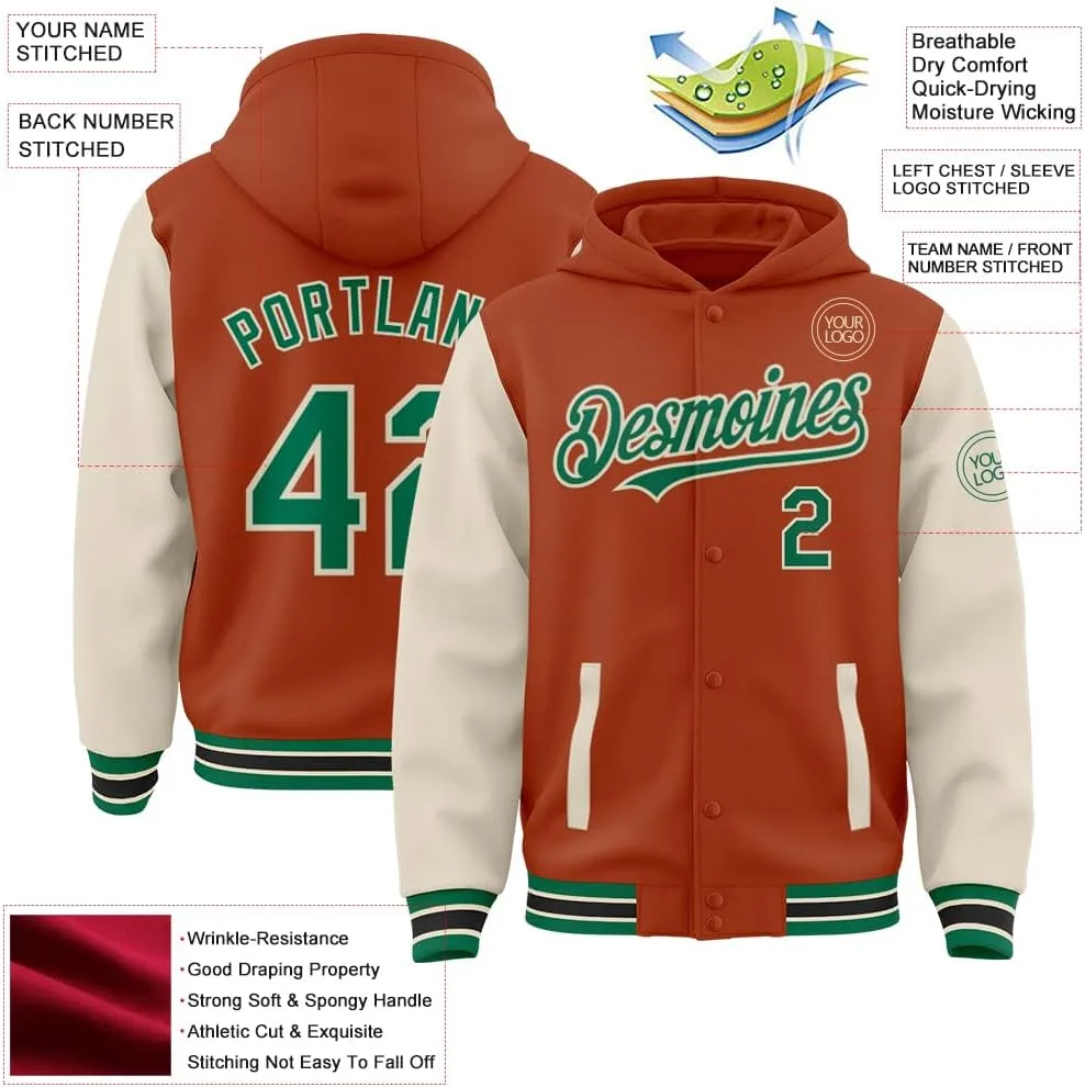 Custom Hooded Varsity Jacket Baseball Jacket Letterman Cotton Blend and Leather Sleeves Two Tone Bomber Jacket S-5XL