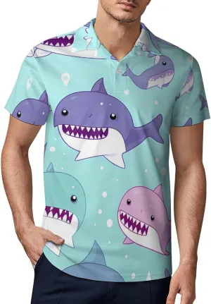 Cute Sharks Men's Polo Shirt Short Sleeve Casual Athletic Quick Dry Golf T-Shirts