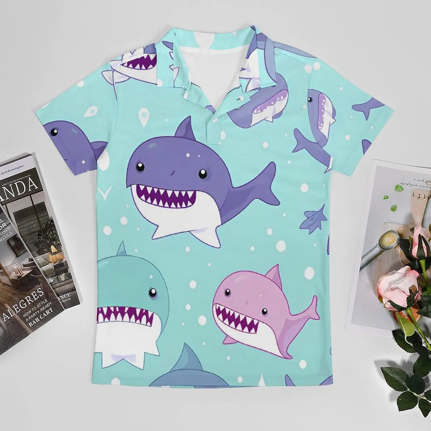 Cute Sharks Men's Polo Shirt Short Sleeve Casual Athletic Quick Dry Golf T-Shirts