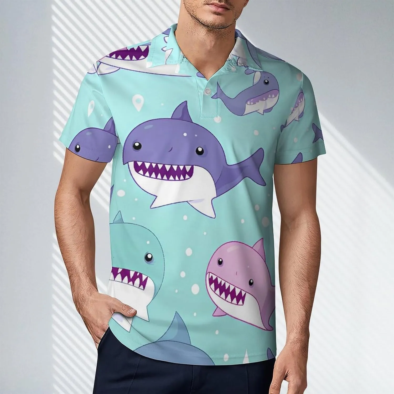 Cute Sharks Men's Polo Shirt Short Sleeve Casual Athletic Quick Dry Golf T-Shirts