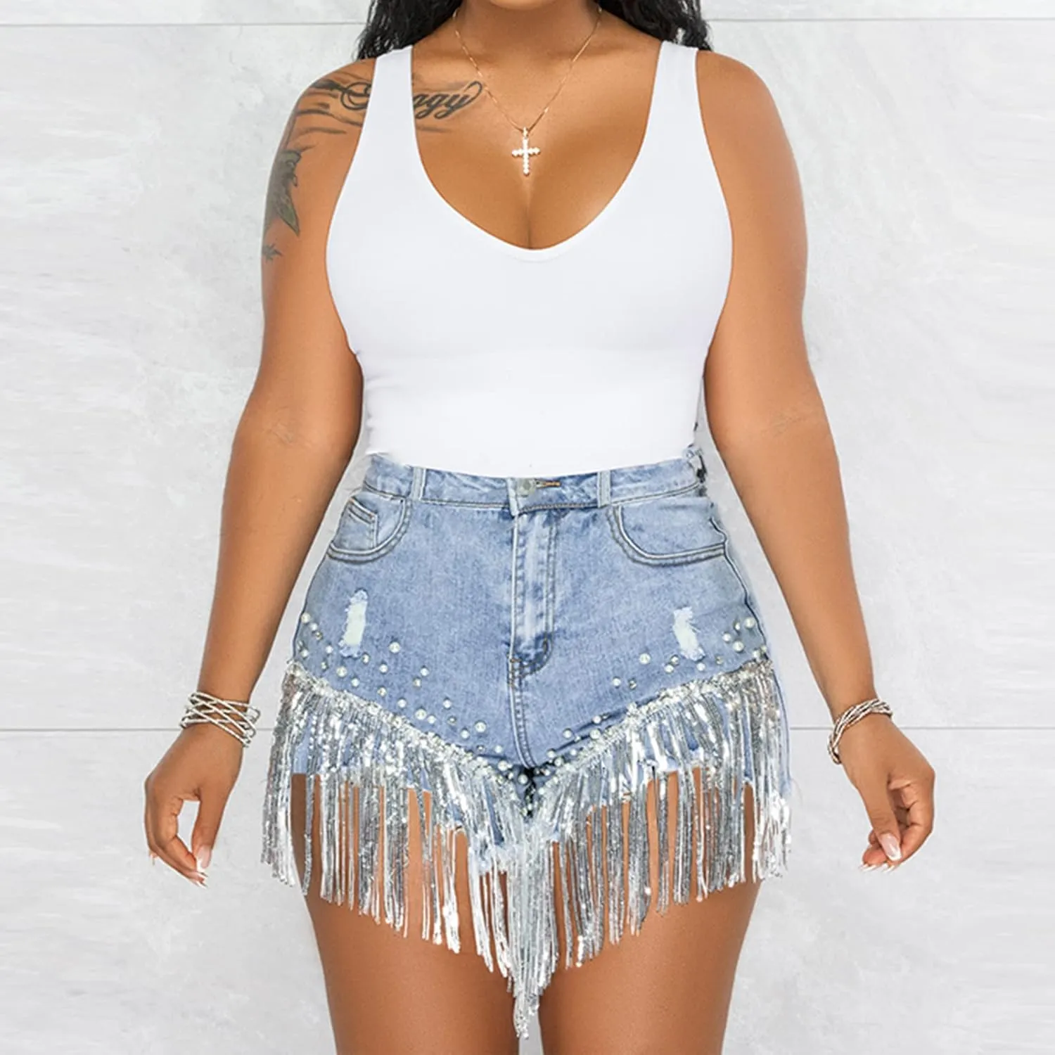 Cyparel Women Summer Denim Shorts High Waisted Ripped Rhinestone Pearl Beaded Fringe Tassels Frayed Raw Hem Blue Jean Shorts
