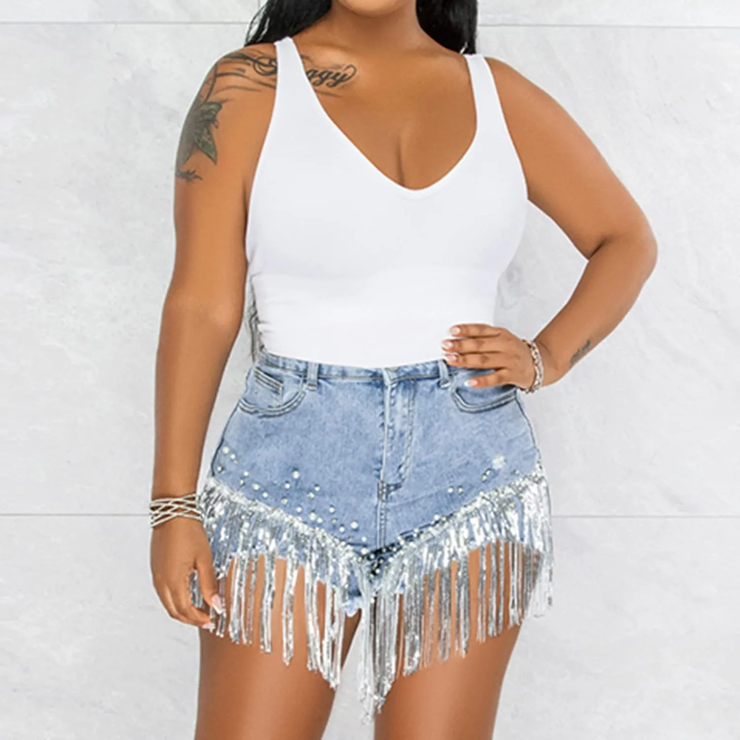 Cyparel Women Summer Denim Shorts High Waisted Ripped Rhinestone Pearl Beaded Fringe Tassels Frayed Raw Hem Blue Jean Shorts