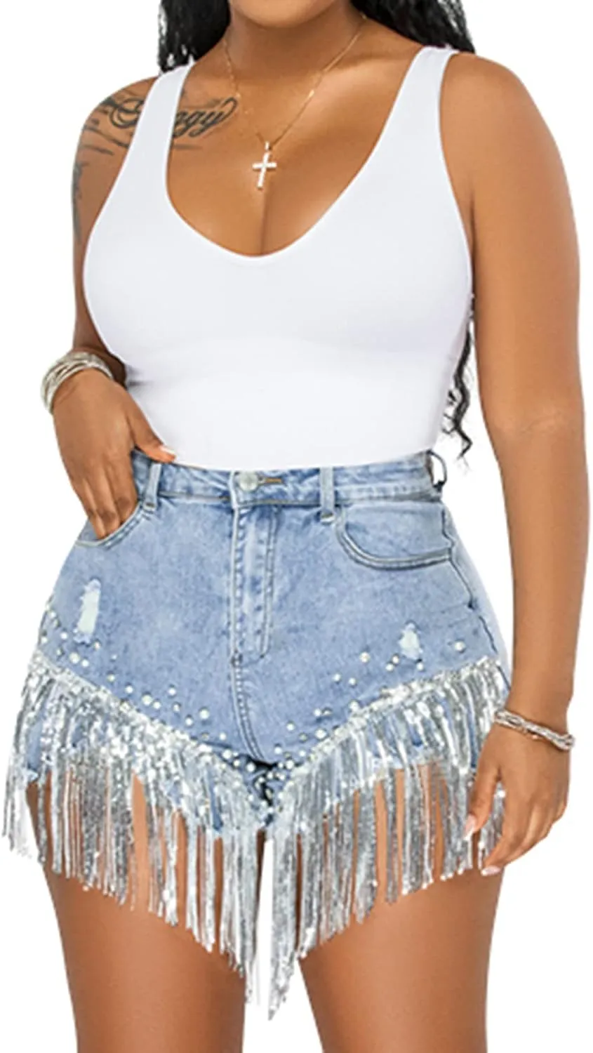 Cyparel Women Summer Denim Shorts High Waisted Ripped Rhinestone Pearl Beaded Fringe Tassels Frayed Raw Hem Blue Jean Shorts