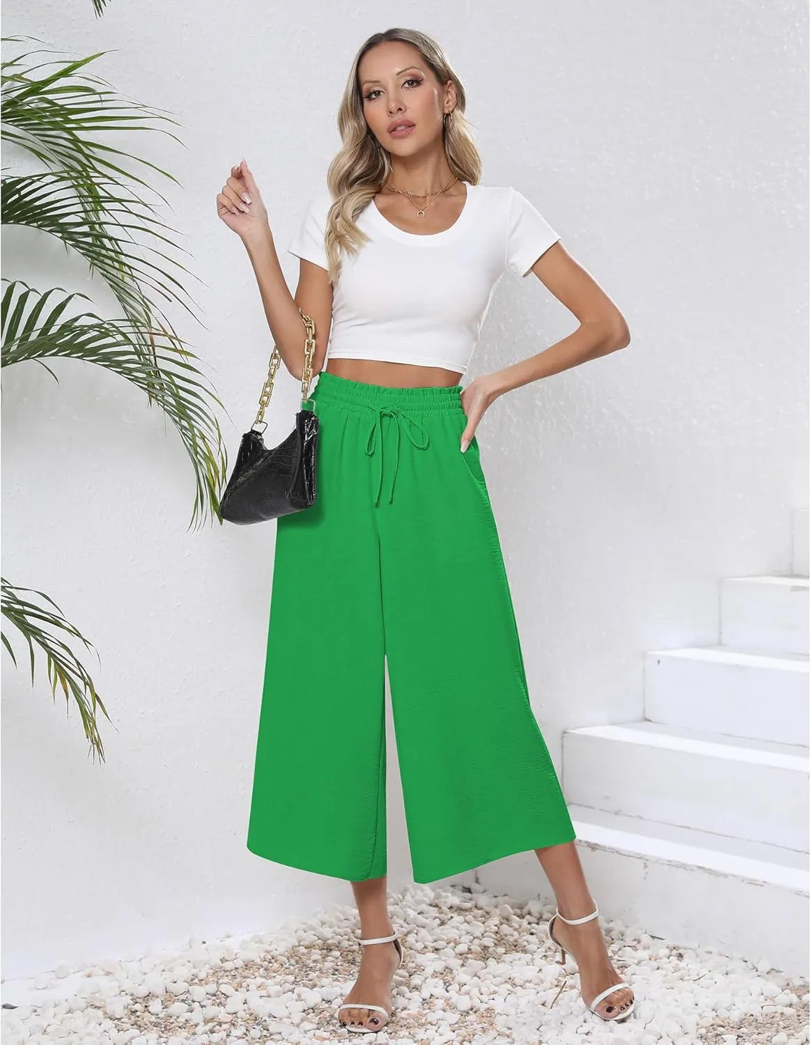CZYINXIAN Womens Flowy Wide Leg Pants Casual Summer Beach Elastic Waist Trousers Trendy Business Work Pants with Pockets