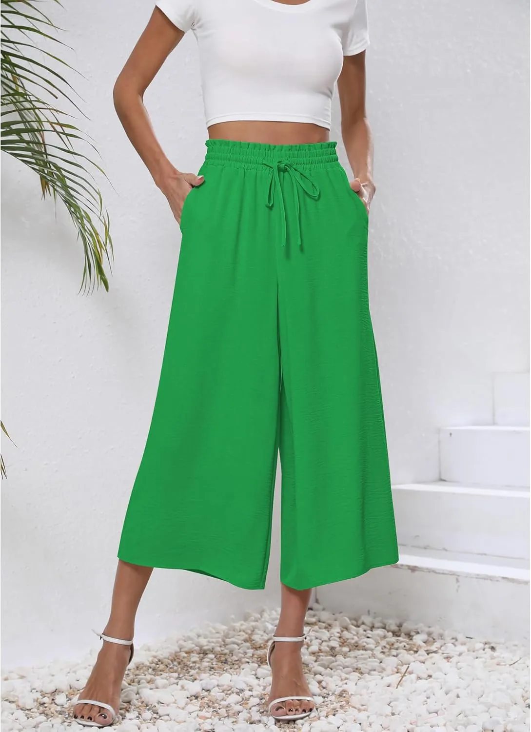 CZYINXIAN Womens Flowy Wide Leg Pants Casual Summer Beach Elastic Waist Trousers Trendy Business Work Pants with Pockets