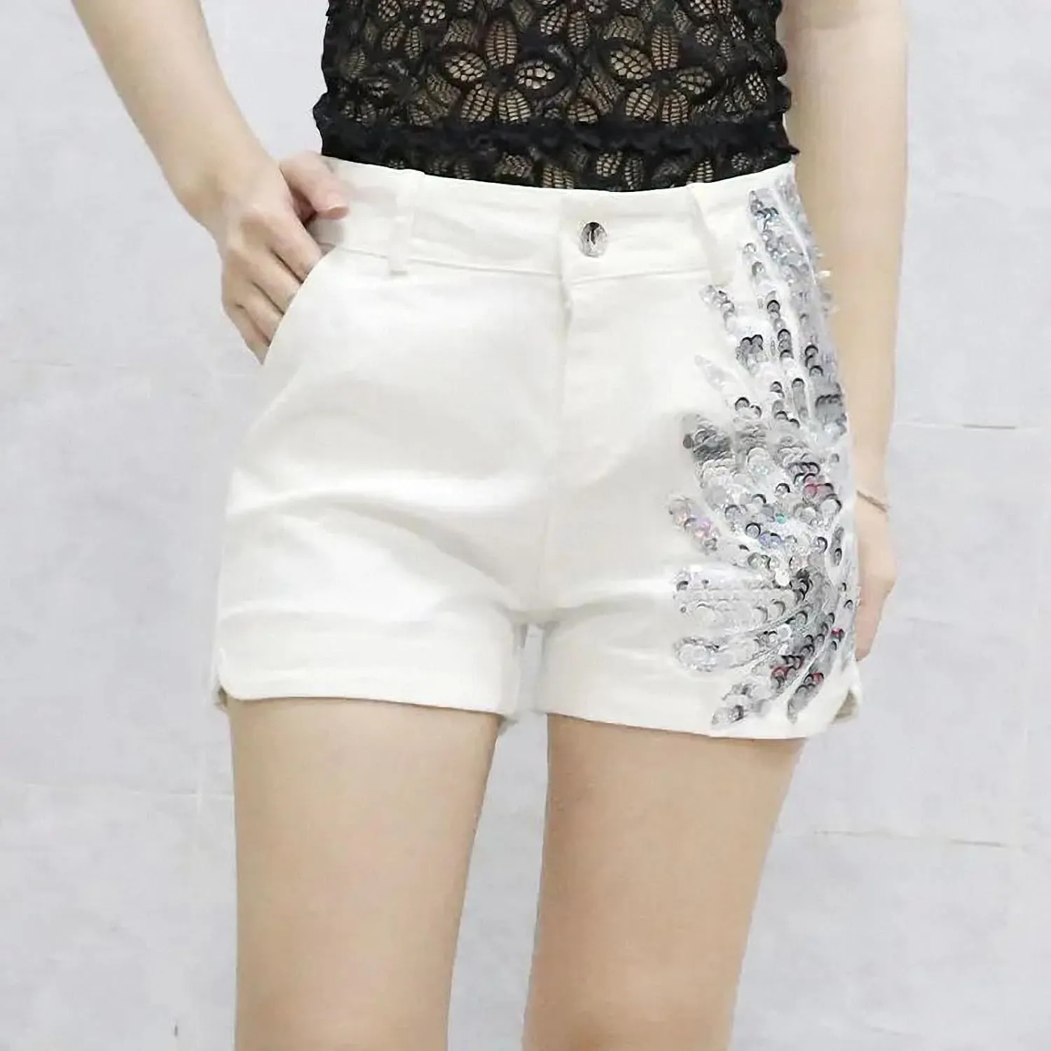 Dawery White Sequin Denim Shorts Women Spring Summer High Waisted Slim Hot Pants Black Stretch Casual Shorts