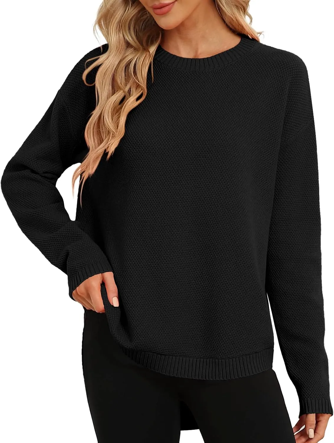 DB MOON Women Crewneck Long Sleeve Knitted Sweater 2025 Loose Fit Soft Solid Pullover