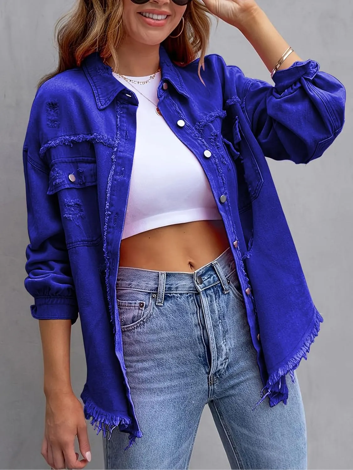 Denim Jacket for Women 2024 Oversized Ripped Jean Jacket Boyfriend Button Down Shirt Frayed Denim Coat Shacket Jacket