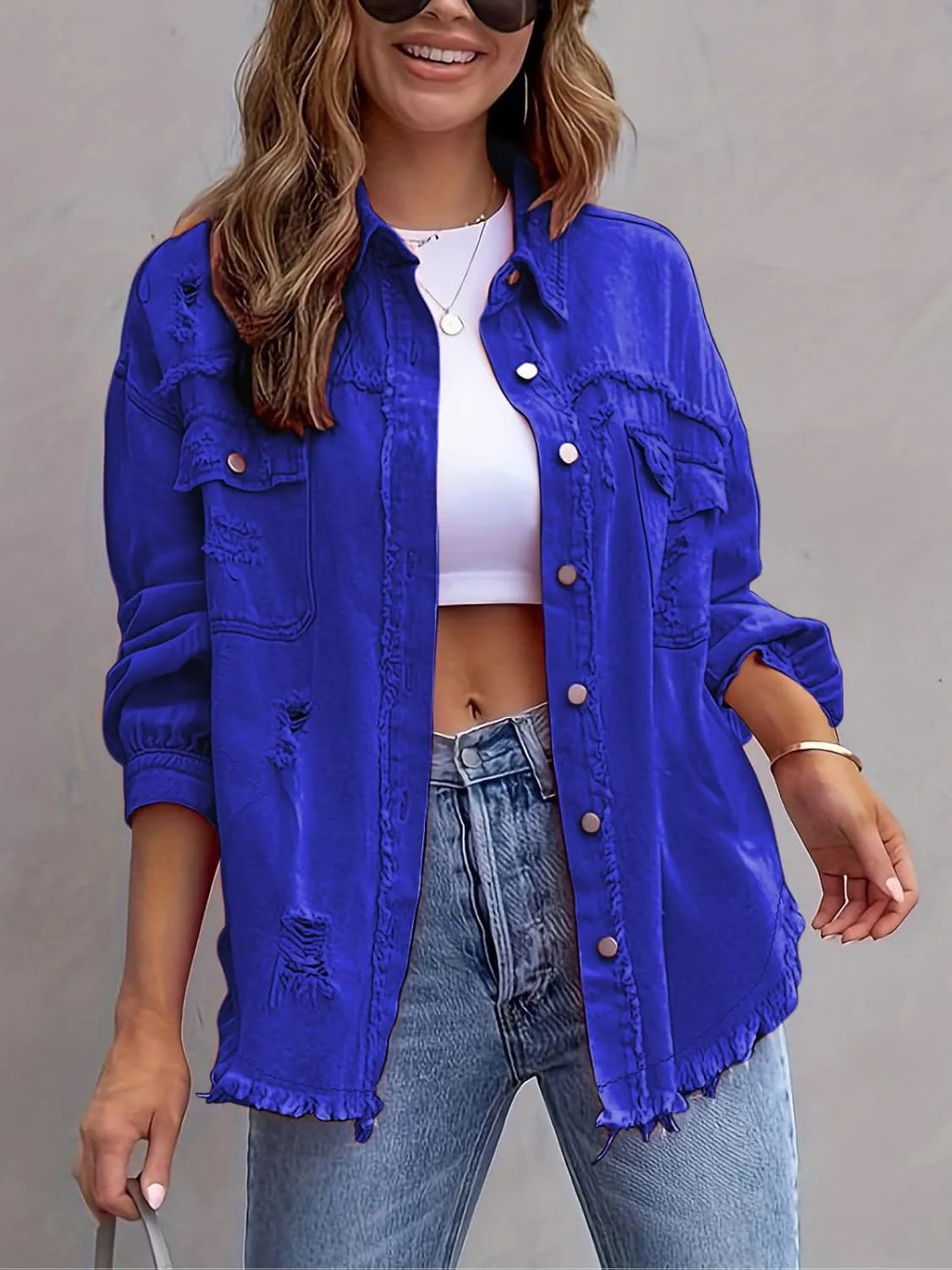 Denim Jacket for Women 2024 Oversized Ripped Jean Jacket Boyfriend Button Down Shirt Frayed Denim Coat Shacket Jacket