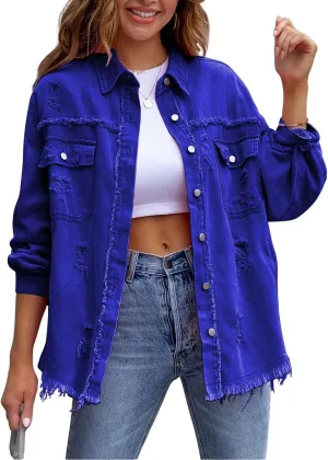 Denim Jacket for Women 2024 Oversized Ripped Jean Jacket Boyfriend Button Down Shirt Frayed Denim Coat Shacket Jacket